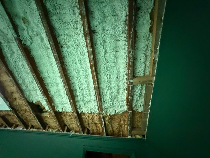 Pale spray foam filling the bays between roof rafters